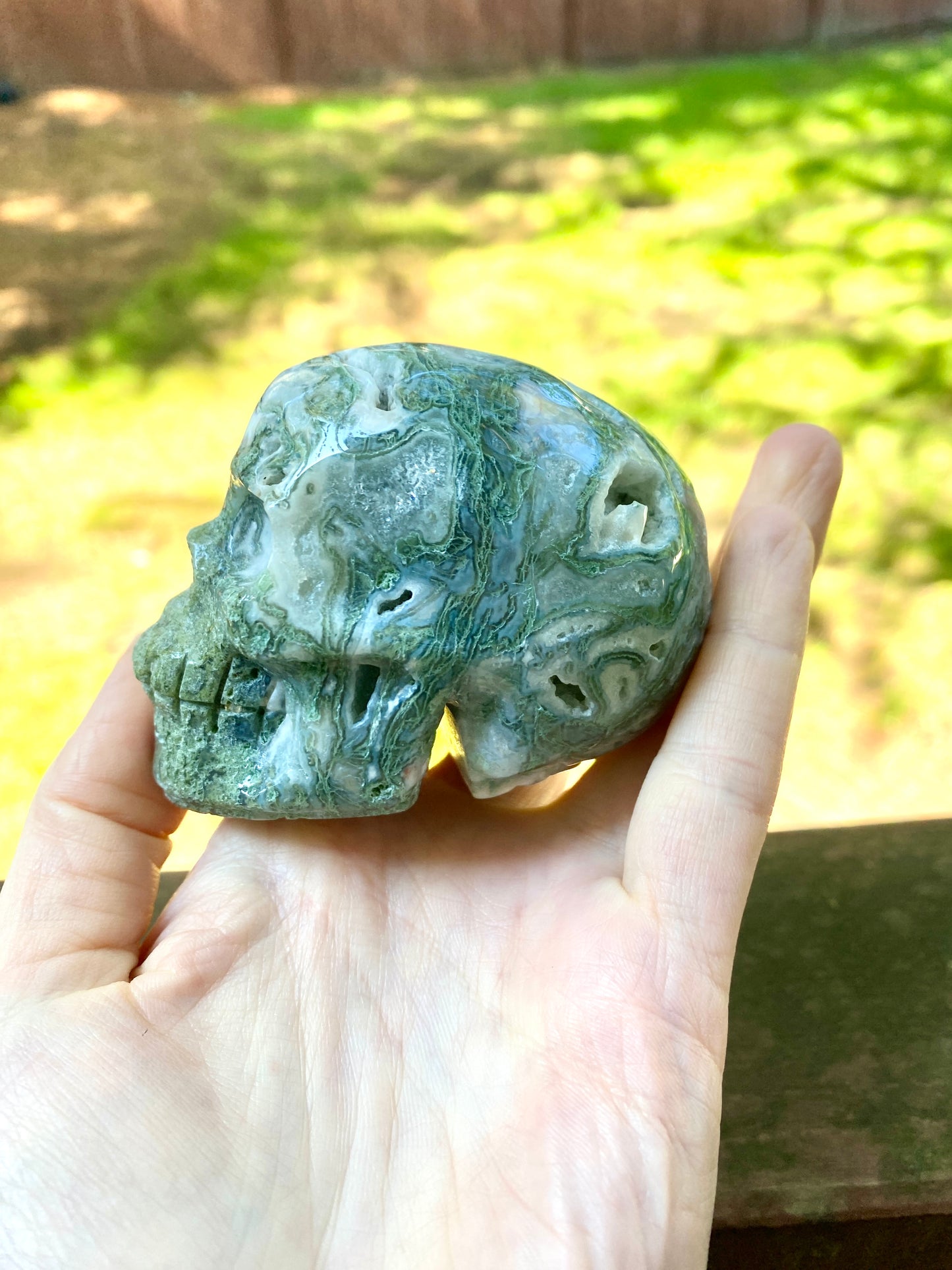 Moss Agate Skull Carving