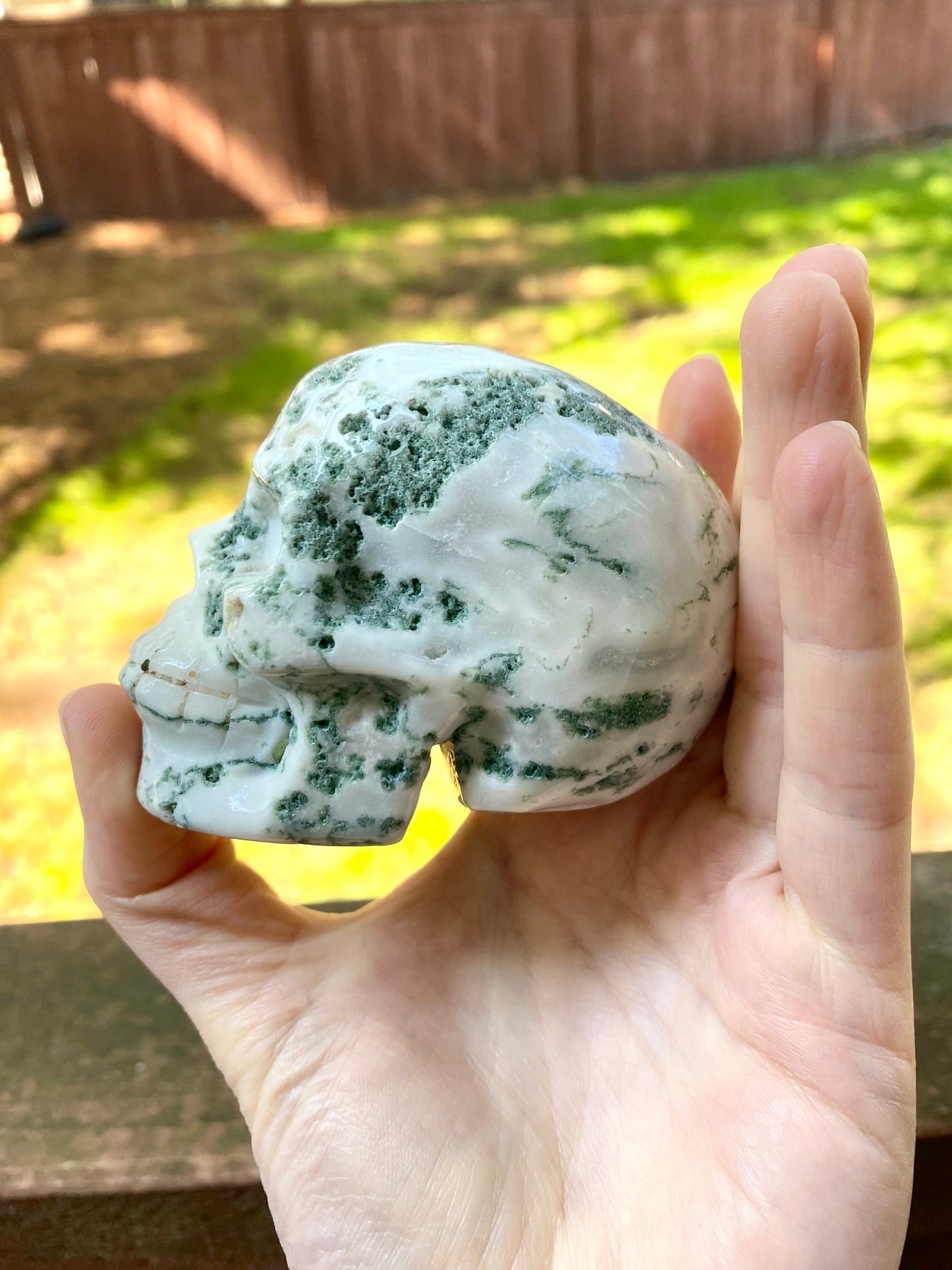 Moss Agate Skull Carving