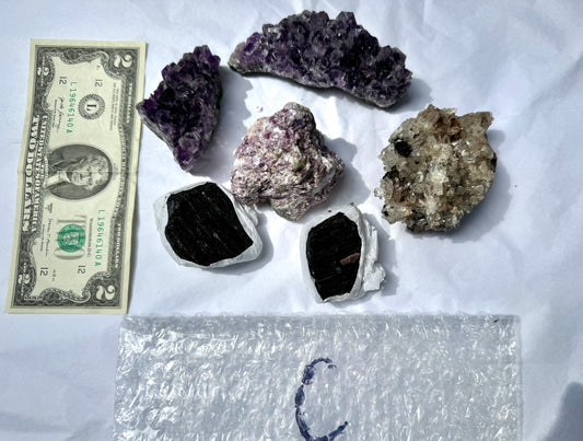 LOT C - Raw (Lepidolite, Epidote in Quartz, Black Tourmaline, Amethyst)