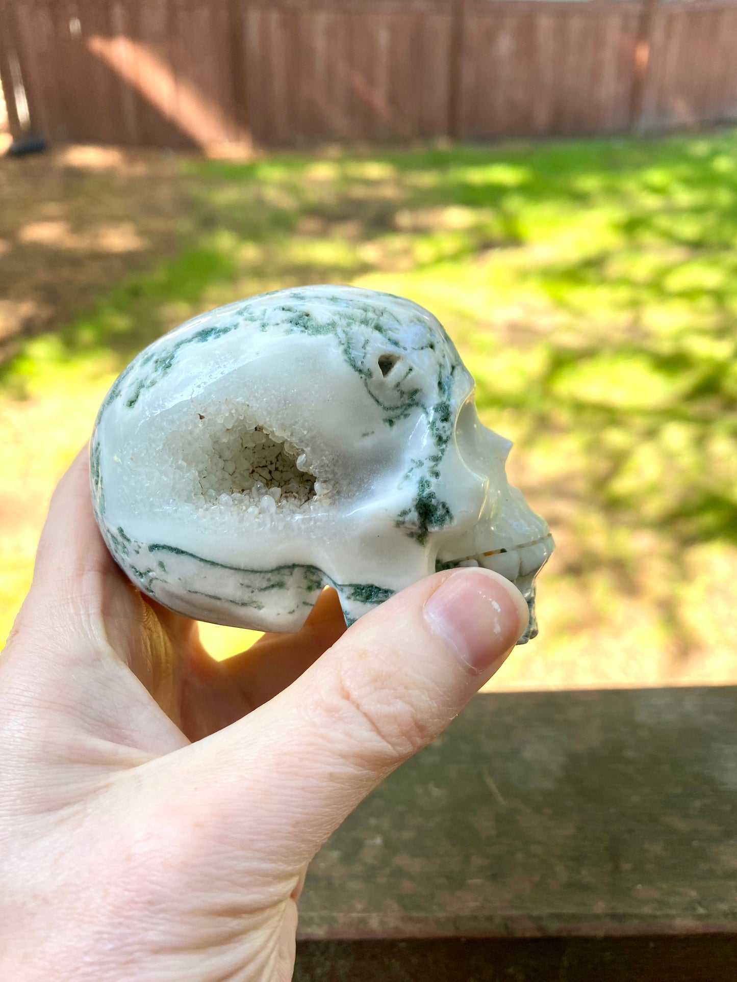 Moss Agate Skull Carving