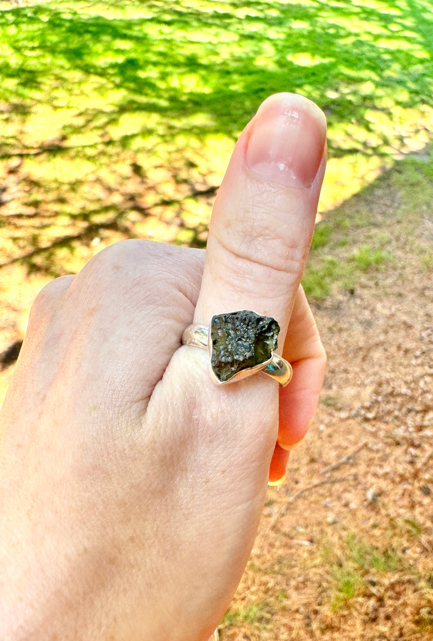 Raw Genuine Moldavite Ring - Sterling Silver Adjustable