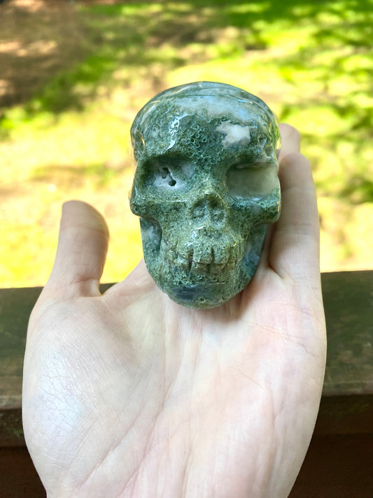 Moss Agate Skull Carving