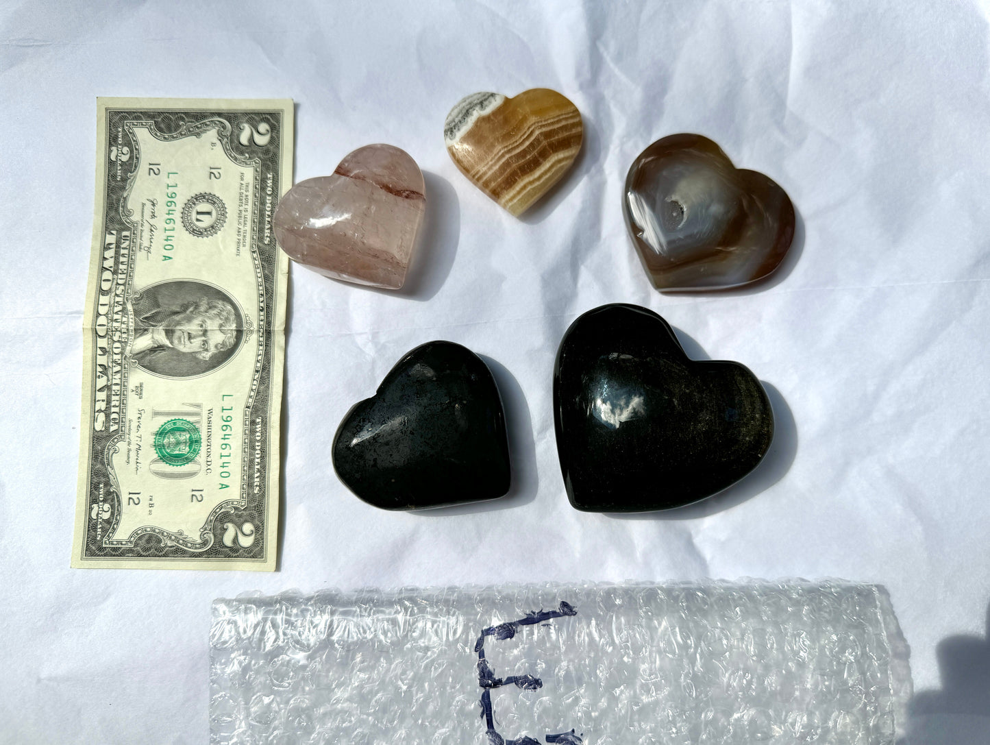 LOT E - Hearts (Agate, Shungite, Hematoid Quartz, Orange Calcite, Gold Sheen Obsidian)