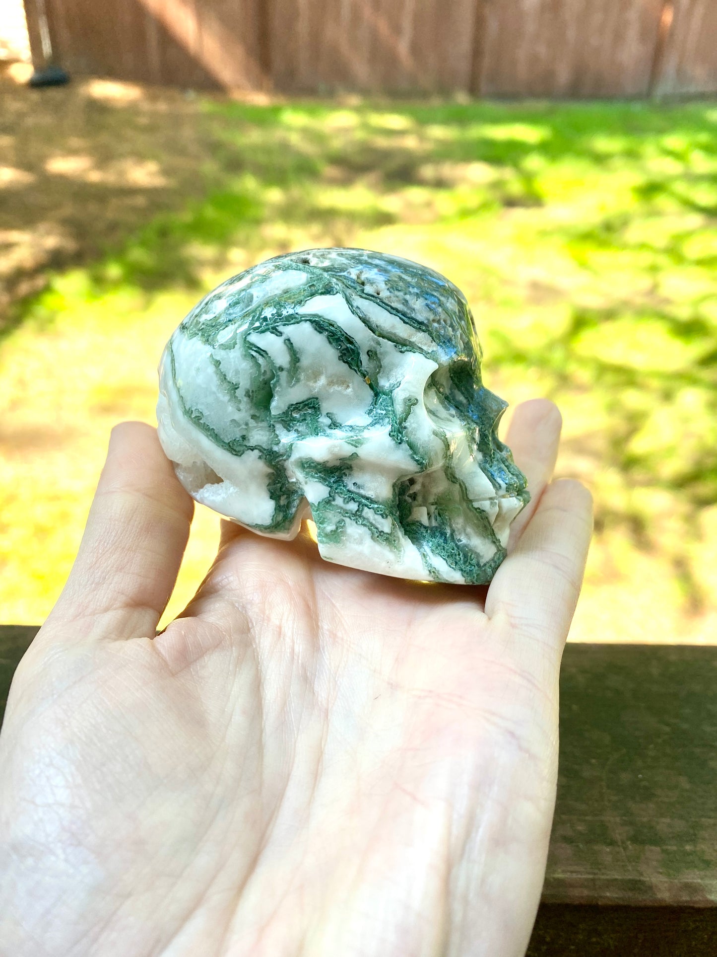 Moss Agate Skull Carving