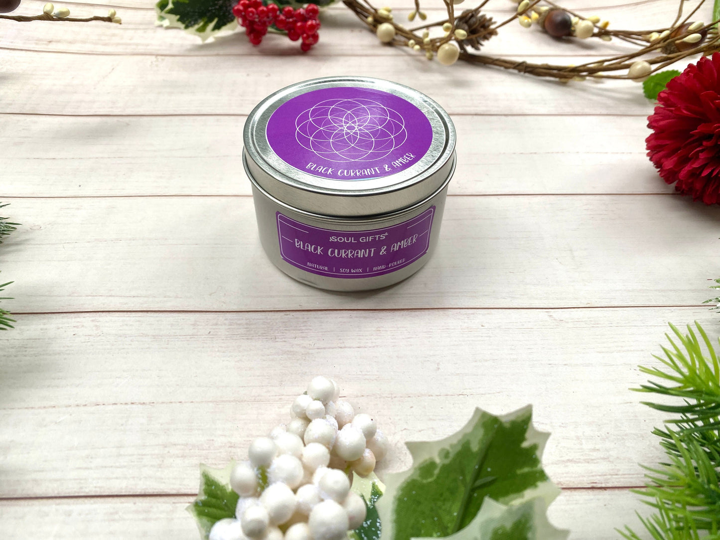 Black Currant Amber Candle - Soul Gifts Soy Candle - 8oz Tin Candle