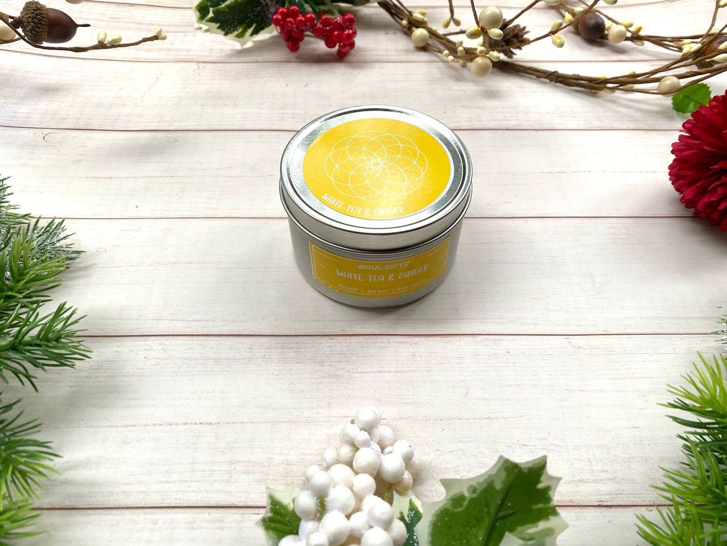 White Tea Ginger Candle - Soul Gifts Soy Candle - 8oz Tin Candle