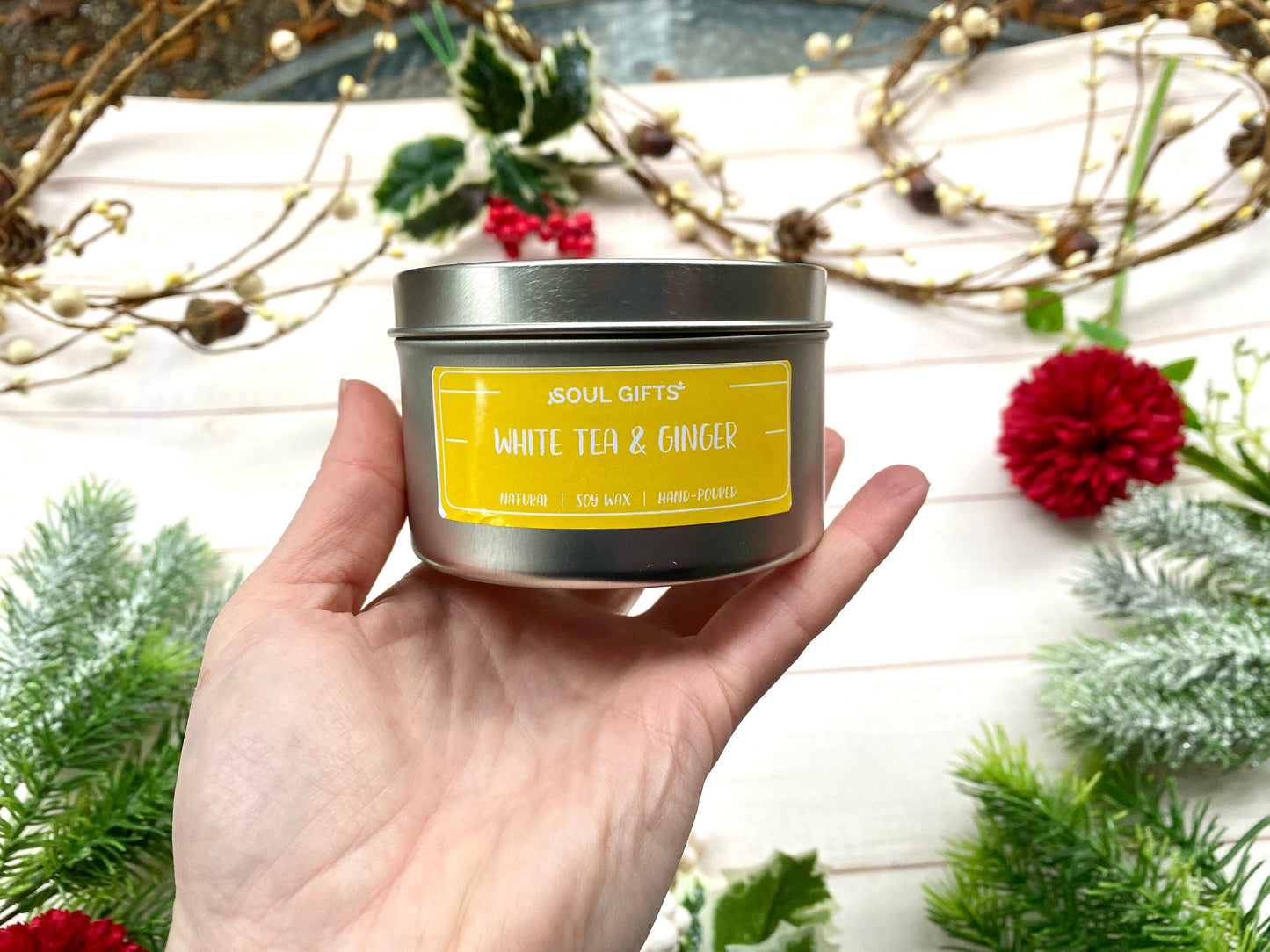 White Tea Ginger Candle - Soul Gifts Soy Candle - 8oz Tin Candle