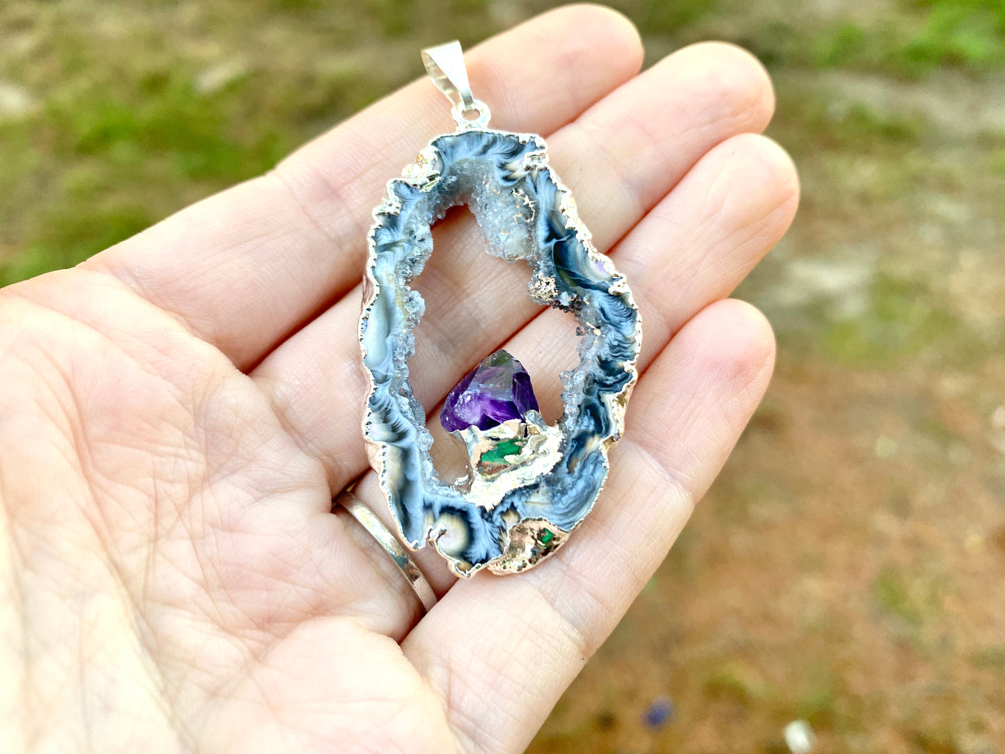 Oco Agate Geode Pendant with Amethyst - Sterling Silver